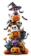 A creative Halloween display featuring a stack of carved pumpkins, skeletons in witch hats, ghosts, and bats, creating a whimsical and spooky scene.
