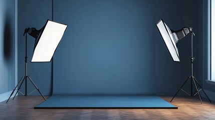 A photography studio with two lights set up in front of a blue backdrop.