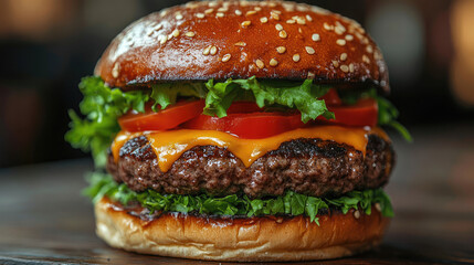 Juicy Cheeseburger with Sesame Seed Bun - Close Up
