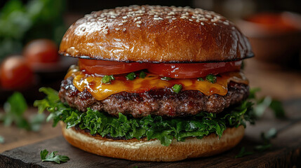 Juicy Cheeseburger with Sesame Seed Bun - Fast Food Photography