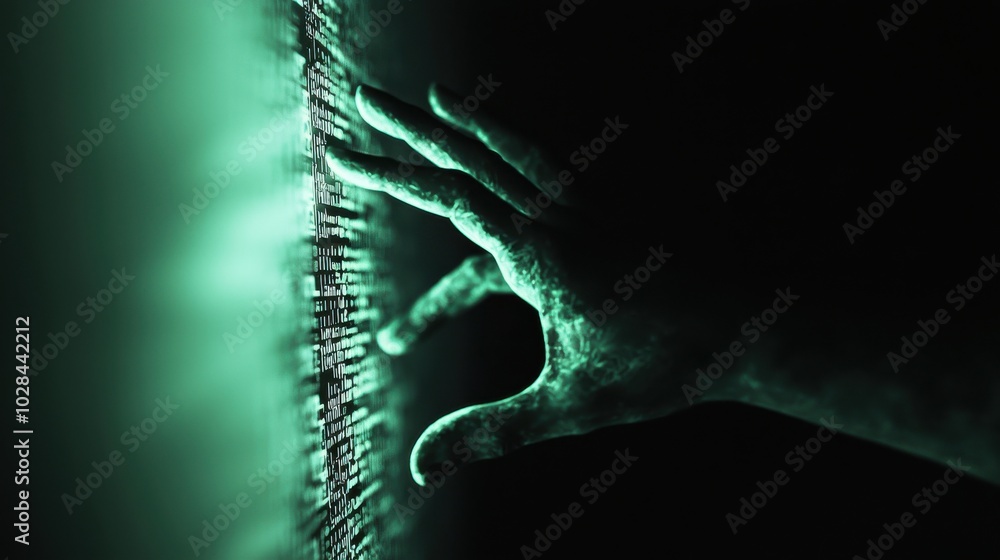 Poster the digital swindle: a glowing computer screen displaying a message of trust, but a hand from the sh