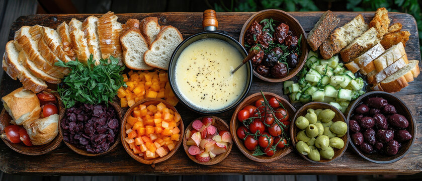 Cheese Fondue with Bread, Olives, and Tomatoes: A Delicious Appetizer