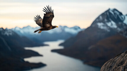Eagle soaring over scenic mountainous landscape with river and snow-capped peaks in the background during sunset or sunrise.