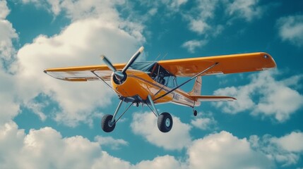 Single engine ultralight prop plane flying in the blue sky with white clouds