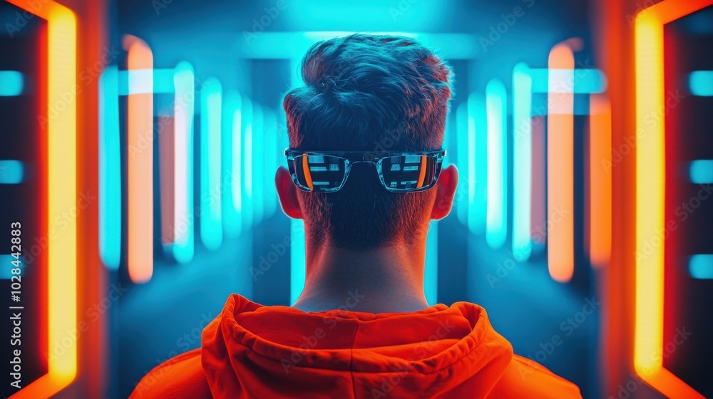 Poster the infinite mirror: a person standing in front of an infinite mirror, each reflection showing a sli