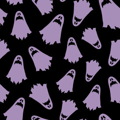 Fototapeta premium A seamless pattern of Purple scary ghosts floating through the air. For print, pattern, texture, textile, wrapping paper, card and poster. 