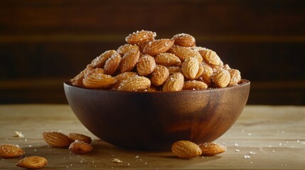 A wooden bowl overflowing with salted almonds, scattered almonds on a wooden surface.