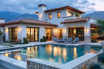 Obraz premium Stunning Spanish-style home in Palm Springs, California, featuring a pool and patio with white walls, tan roof, outdoor living and dining areas, stone accents, and decorative lighting, set against a m