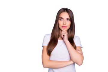 Portrait of nice-looking attractive lovely lovable feminine gorgeous fascinating straight-haired girlfriend thinking creating plan isolated over bright vivid shine blue green teal turquoise background
