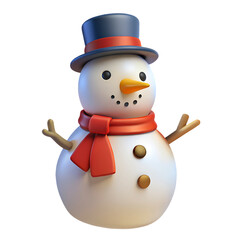 A cheerful, 3D cartoon snowman with a scarf, mittens, and buttons, set against a white background, perfect for winter and Christmas holiday themes.