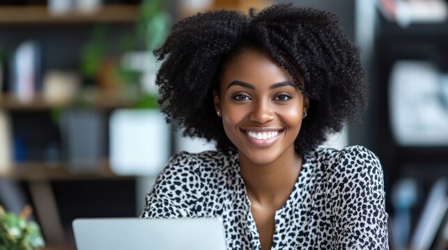 Photo of cheerful pretty cute nice girlfriend having been employed to job as executive smiling toothily sitting at desktop with laptop noting down important information