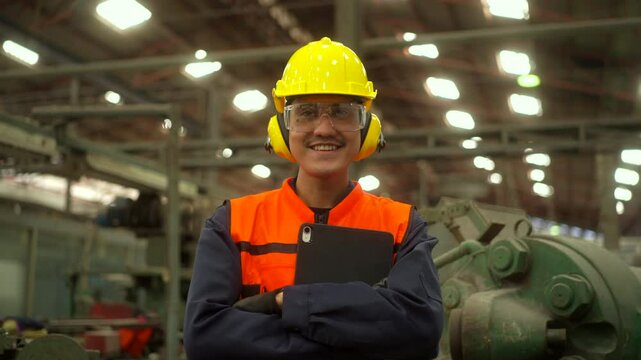 Professional technician wearing safety helmet working in factory warehouse looking at camera. Confident factory workers in industry factory. 