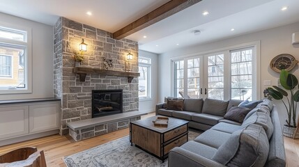 Fototapeta premium Cozy living room featuring a stone fireplace, white walls, and grey couches, showcasing modern home interior design for a warm and inviting living space.