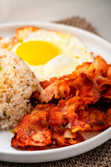 Pinoy Bacsilog Breakfast Meal – Bacon, Sinangag (Fried Rice) and Egg 