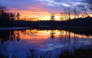 Fototapeta premium A serene lake reflecting the vibrant colors of an evening sunset