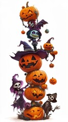 A scene of Halloween joy with skeletons, carved pumpkins, ghosts, bats, and witches, symbolizing a fun and spooky holiday celebration.