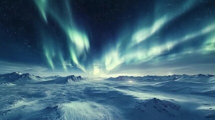 Naklejka premium Aurora borealis over a snowy landscape, display of the northern lights dancing across the night sky