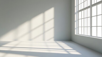 Sunlight Casts Window Shadow Pattern on Empty White Room Floor