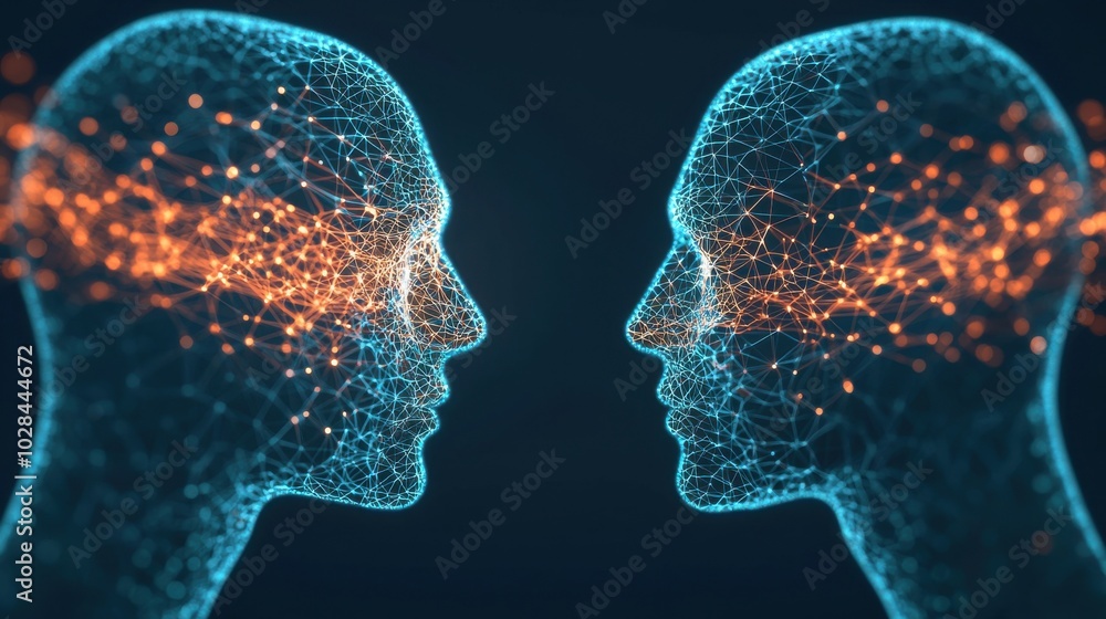 Poster two faces emerging from the same digital pattern, connected by abstract glowing lines, showing the c