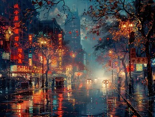 Obraz premium Rainy Night in a Vibrant Cityscape