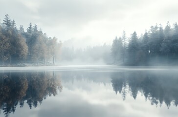 Fototapeta premium A serene lake surrounded by dense fog