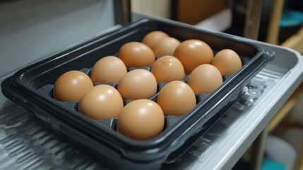 some chicken eggs in the egg tray, the eggs are ready to be hatched into doc top broilers,Selective focus egg on the tray.