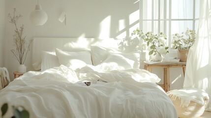 A white bed with white linens and pillows, with sunlight streaming through the window.