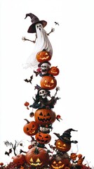 A creative Halloween display featuring a stack of carved pumpkins, skeletons in witch hats, ghosts, and bats, creating a whimsical and spooky scene.