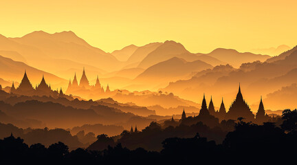 Against a background of golden and earthy tones, different layers of mountain silhouettes rise, topped with the shadowy silhouettes of the temples perched on their peaks.  spiritual retreats.