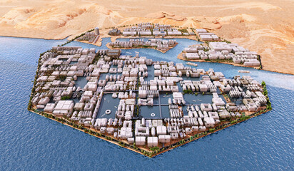Oxagon city NEOM project ecosystem in Saudi Arabia: futuristic floating industrial eco city. Advanced architecture, sustainable energy, innovative design, AI robotics technology, clean industry 4.0