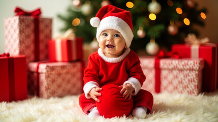 Baby dressed as Santa Claus surrounded by Christmas gifts