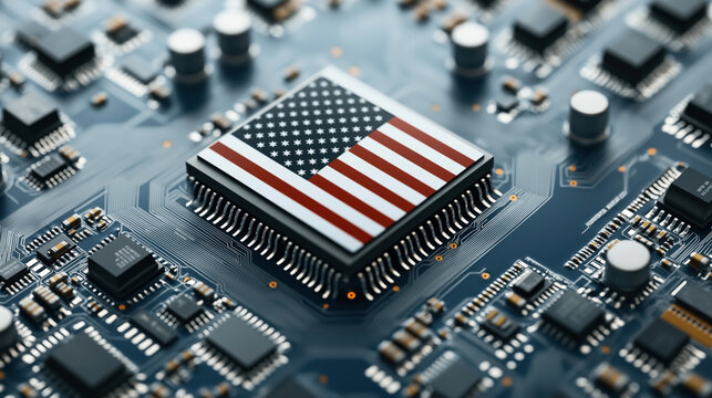 Close-up of a computer microchip integrated on a circuit board with an American flag design, symbolizing technology and national innovation.