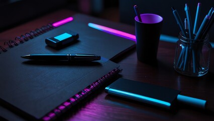 a phone and a cup on a table with a purple light behind it.