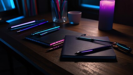 a notebook with a pen and a pen on it next to a purple pen.