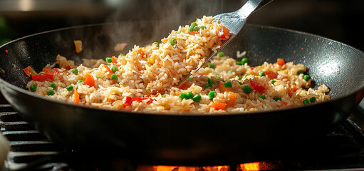 fried rice chicken with vegetables in pan