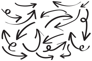 Arrow vector hand drawn sketch icon set. Doodle sketch hand drawn direction element set. Pencil doodle flat line design cartoon elements. Scribble swirl arrow sign. Vector illustration