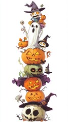 A scene of Halloween joy with skeletons, carved pumpkins, ghosts, bats, and witches, symbolizing a fun and spooky holiday celebration.