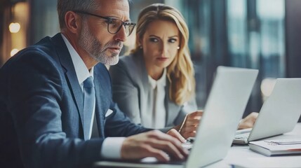 Two busy professional executive team business people working together on business finances analysis looking at computer at office meeting. Professional manager consulting corporate client using lapto