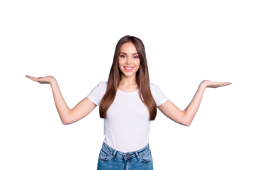 Portrait of confident lady advertising promotion wearing white t-shirt denim jeans isolated over blue background