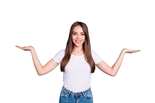 Portrait of confident lady advertising promotion wearing white t-shirt denim jeans isolated over blue background - Powered by Adobe