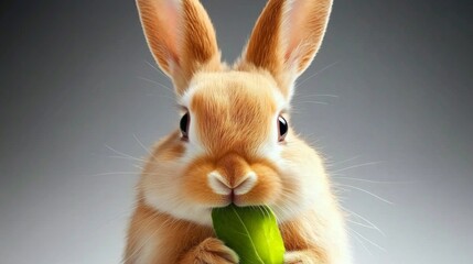 Obraz premium Adorable baby rabbit bunny eating vegetable sitting on green grass spring time over bokeh nature background. Cuddly furry rabbit eat fresh vegetable at outdoor. Easter animal concept.