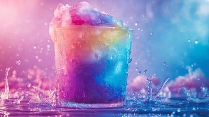 Close-up of a rainbow-colored slushie in a glass with water splashing around it.