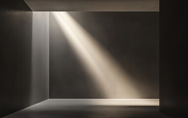 A sleek 3D ceiling lamp casting a concentrated beam of light, breaking through the darkness in a minimalist space 