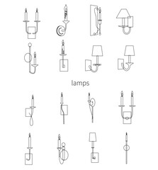 Set of 16 vintage-style wall sconces silhouettes, perfect for historical or retro-themed interior design projects.