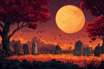 halloween cemetery in front of woodlands with full moon with generative ai