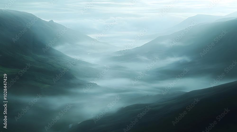 Poster 67. a wide view of a fog-covered valley, creating a sense of depth and emptiness