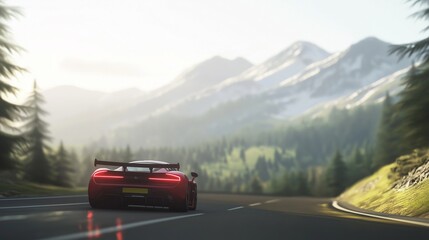  sports car on a mountain road with trees and a forest in the background