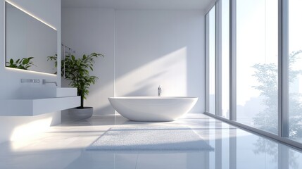 A bright, minimalist bathroom in white, featuring sleek surfaces and modern fixtures.