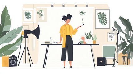 An illustration of a woman in a yellow jacket setting up a photo shoot in a studio.