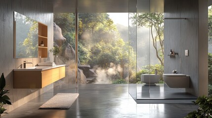 A contemporary bathroom featuring a glass shower, suspended toilet, minimalist vanity with double sinks, and scenic outdoor view creating a serene atmosphere.